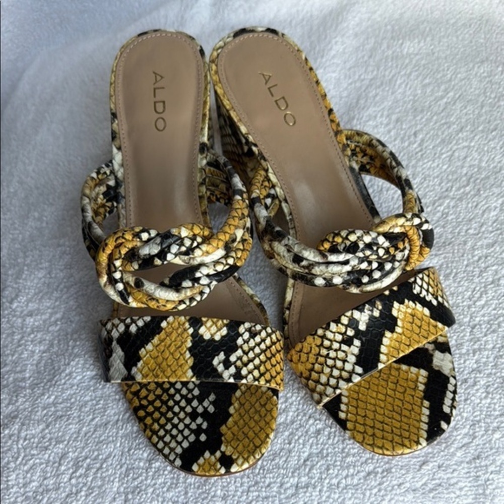 Aldo Yellow and Black Mules with Snake Print